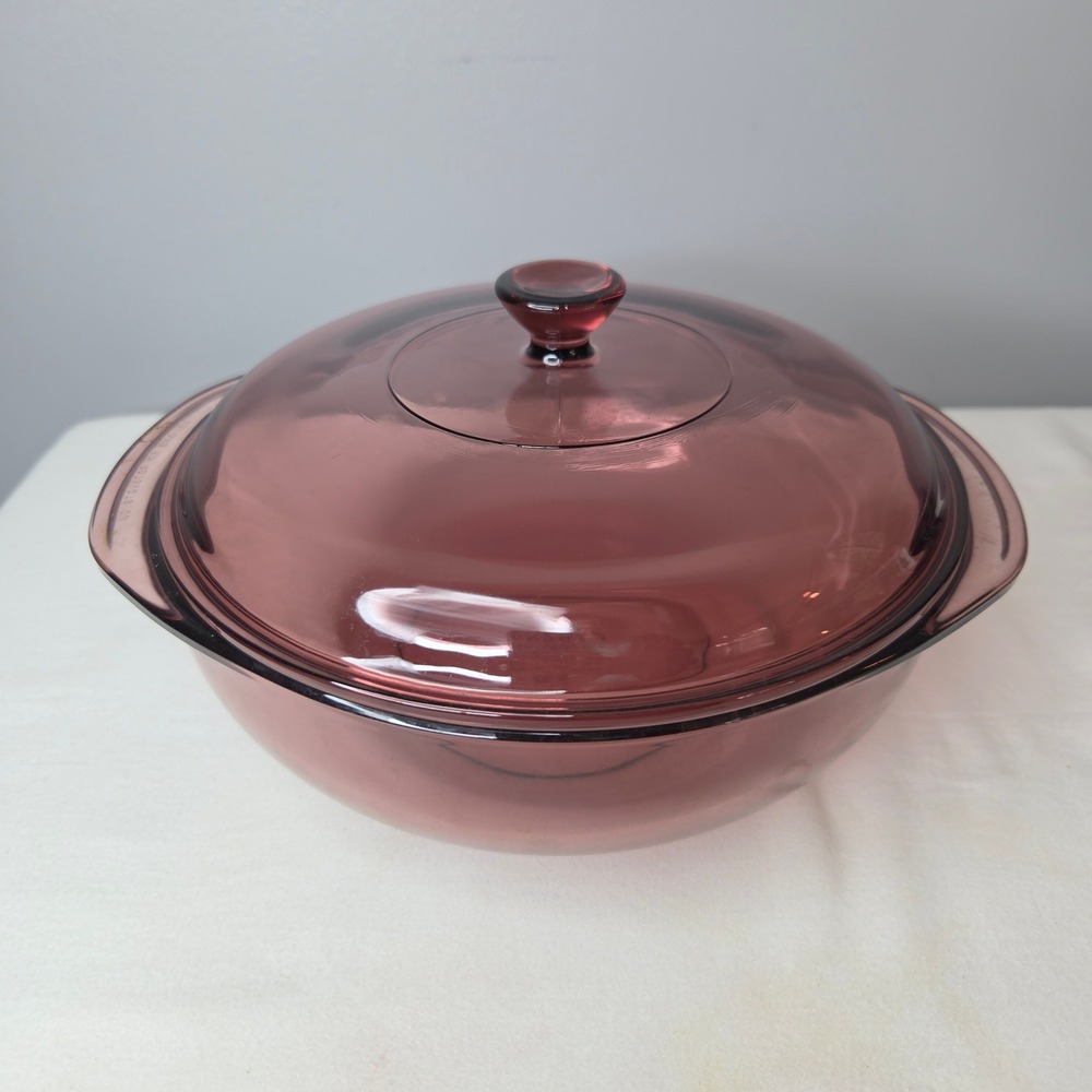 Pyrex Visions Cranberry Glass 2L Round Casserole Dish with Lid 024 USA Made MCM